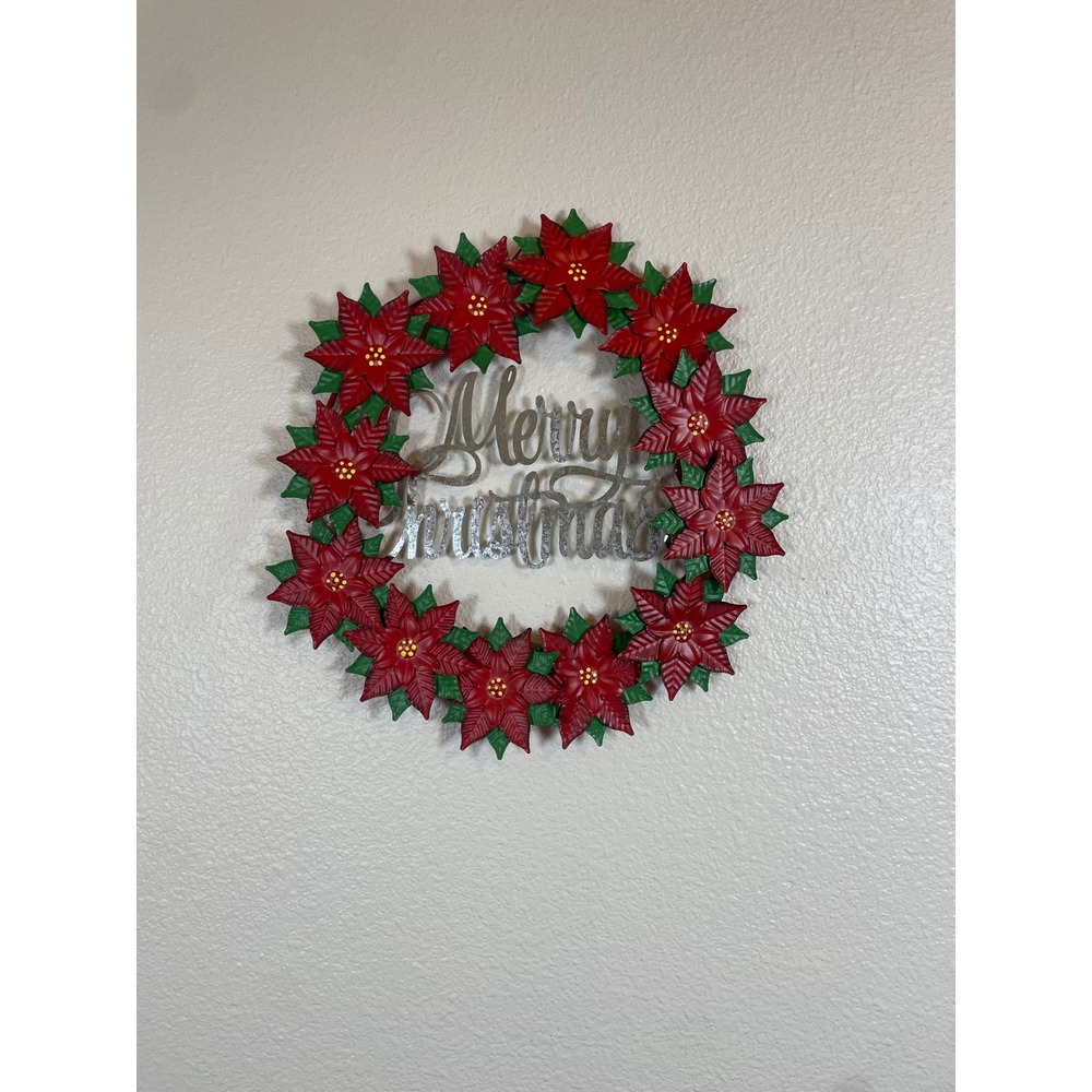 Metal Poinsettia Wreath Merry Christmas Wall Decor Red Green‎ Silver